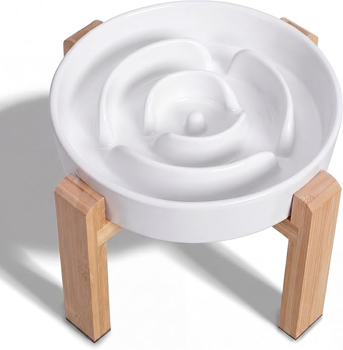 Elevated Slow Feeder Dog Bowl - Ceramic Food Dish with Bamboo Stand - Raised Maze Design - Ideal for Medium to Large Dogs - White - 8.8 inch