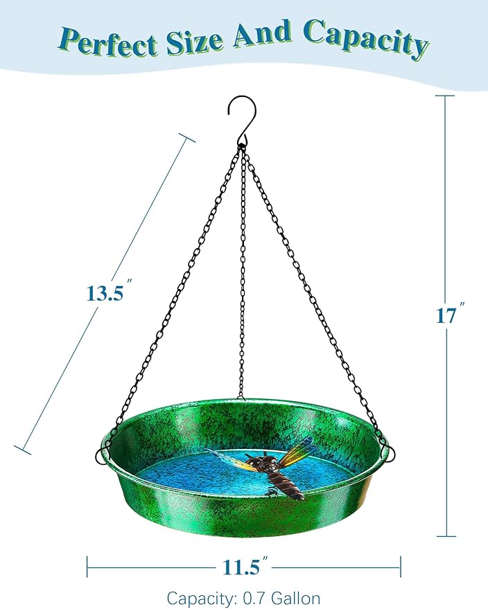 Hanging Bird Bath for Outside, 11.5” Metallic Green & Blue Metal Birdbath Bowl & Feeder with Black Chain Outdoor Garden Yard Decor