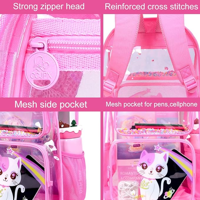 KLFVB 3PCS Clear Backpack for Girls and Boys, Kids See Through Backpacks Stadium Approved, Transparent Bookbag for Elementary
