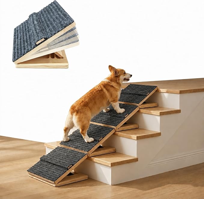 4 Pack Dog Ramp for Stairs – Solid Wood Adjustable & Foldable, 4 Heights, Non-Slip Silicone Base, Traction Felt, Raised Pause Strip, 35lb for Small & Senior Dogs