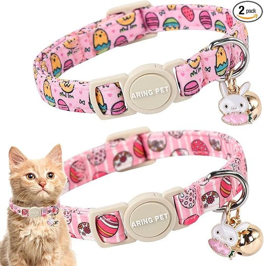 ARING PET 2 Pack Easter Cat Collars-Cute Easter Eggs Cat Collar Breakaway with Bell&Pendant, Adjustable Pink Chick Kitten Collars with Safety Buckle for Girl&Boy Cats