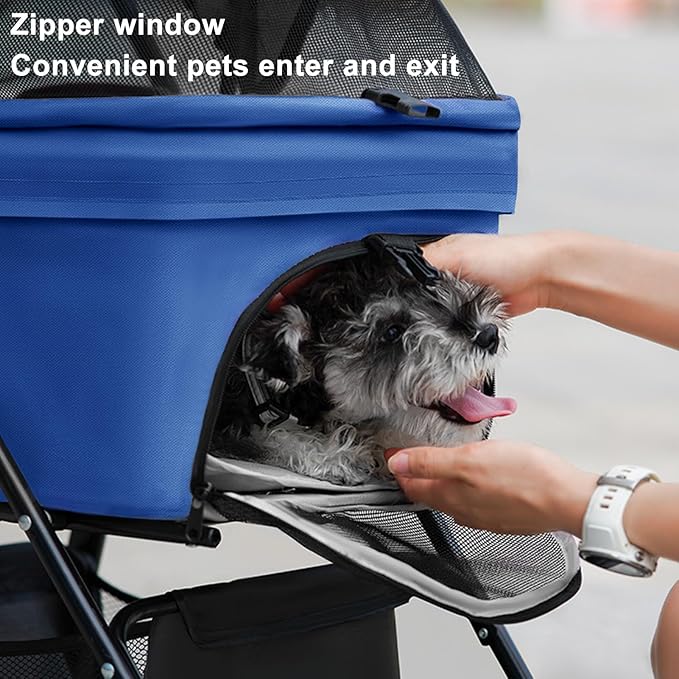 Pet Stroller for Medium Small Dogs/Cats - 4 Wheels Foldable Dog Stroller with Storage Basket,Dog/Cat Carrier,Adjustable Handle,Folding Puppy Carrier Suitable for Traveling with Cats and Dogs (Blue)