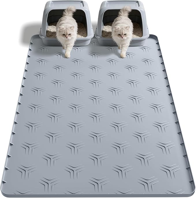JUJOMAT Cat Litter Box Mat, 40"*28" Large Silicone Cat Litter Trapping Mat Non-Slip Gray Kitty Litter Mat for Indoor Cats, Waterproof Pet Food Mats Easy to Clean & Soft on Kitty Paws