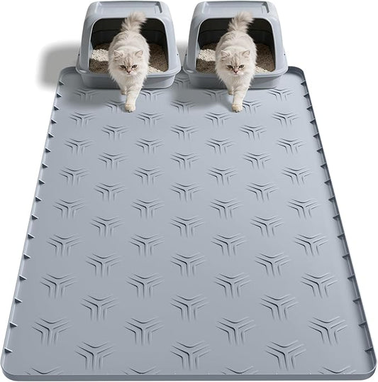 JUJOMAT Cat Litter Box Mat, 40"*28" Large Silicone Cat Litter Trapping Mat Non-Slip Gray Kitty Litter Mat for Indoor Cats, Waterproof Pet Food Mats Easy to Clean & Soft on Kitty Paws