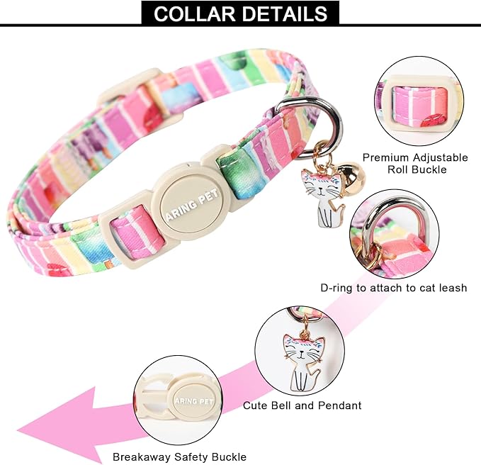 ARING PET 2 Pack Cat Collars-Cute Breakaway Summer Cat Collar with Bell & Pendant, Adjustable Strawberry&Ice Cream Pattern Kitten Collars with Safety Buckle for Girl and Boy Cats