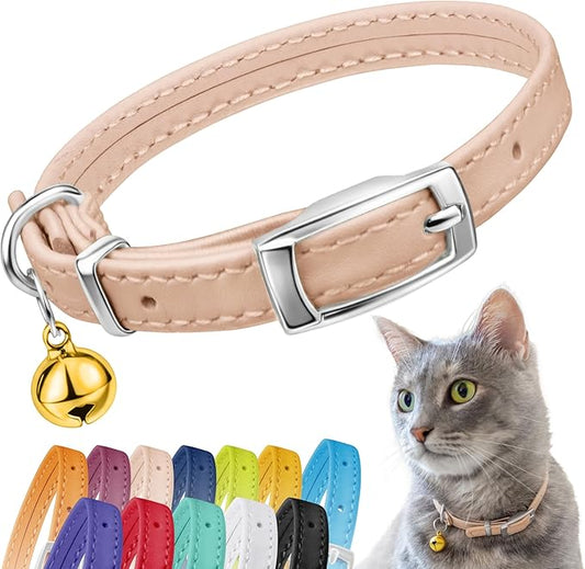 CollarDirect Leather Cat Collar with Removable Bell – Safety Elastic Strap (Breakaway Alternative) – Kitten Collar for Small & Big Boy & Girl Cats