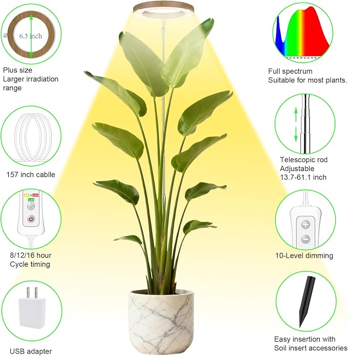 Plant Grow Light,LED Growing Light Full Spectrum for Indoor Plants,Aluminum Coffee Wood Grain Plant Lights,Height Adjustable, Automatic Timer, 5V Low Safe Voltage