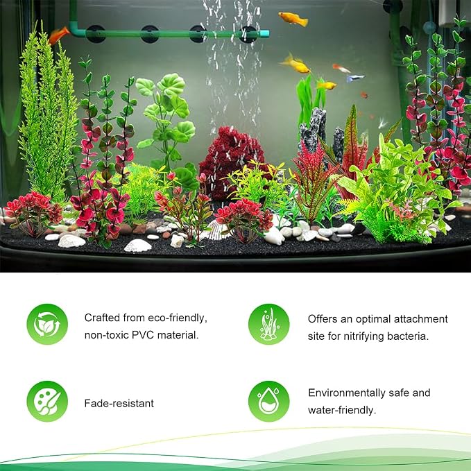 18Pcs Plastic Aquarium Plants, Weighted Base, Red Green Fish Tank Decor | Safe for betta and goldfish. Fresh and saltwater. Tall and short variety pack. Weighted bases hold firm.