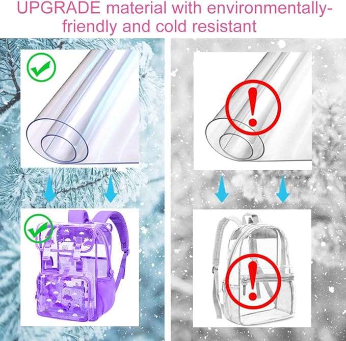 17" Cat Clear Backpack for Girls - 3Pcs Flip Design Stadium Approved Set, Campus/School Transparent Bookbag (Purple)
