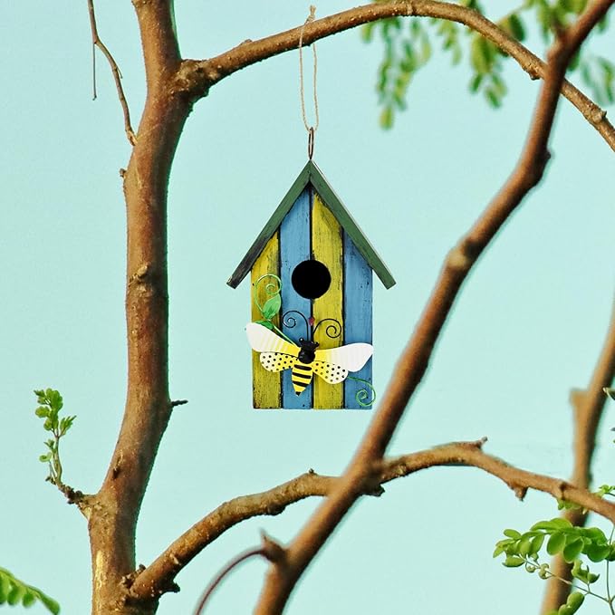 Wood Bird Houses for Outside, Hanging Bluebird House Nest Box Garden Patio Outdoor Decorative Bird Houses Vintage Rustic Wooden Birdhouse Bird Box Home for Finch Wren Chickadee Cardinals(Bee)