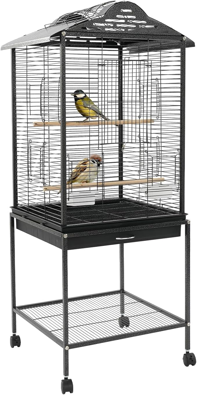 Large Playtop Bird Cage with Rolling Stand, 48 Inch Metal Frame Bird Habitat with Skylight Door & Pull-Out Tray for Cockatiel Budgie Lovebird Sun Conure