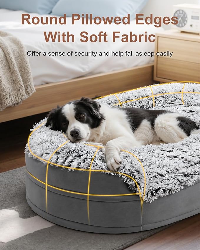 iweepet 3.7 inch Thickened Orthopedic Dog Beds for Jumbo Dogs, Curved Bolster Support Dog Couch with Removable & Washable Fluffy Cover, Orthopedic Oval Memory Foam, Non Slip Bottom,Grey