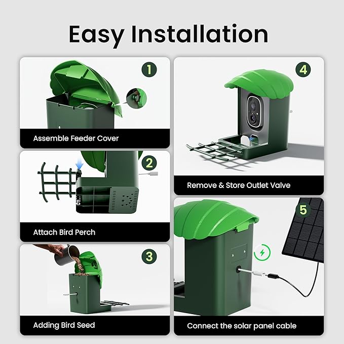 Smart Bird Feeder with Camera, 3K HD Live Stream, AI Species Identification, Solar Powered, Instant Motion Alerts, IP65 Weatherproof Outdoor Gifts for Bird Lovers, Green