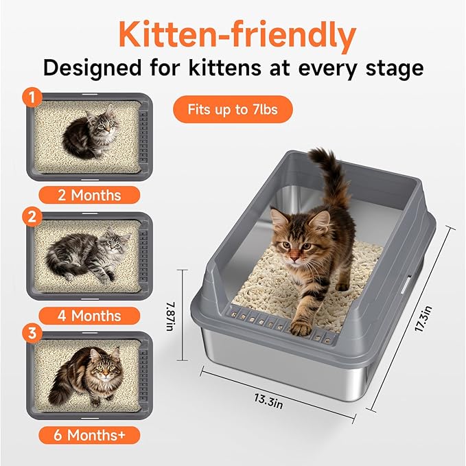 Stainless Steel Cat Litter Box, Odor Free Metal Litter Box with High Sides Lid, Open Top Low Entry Litter Pan Include Scoop Easy Cleaning Anti-Scratch Kitty Cat Box Anti-Urine Leakage, Non-Sticky