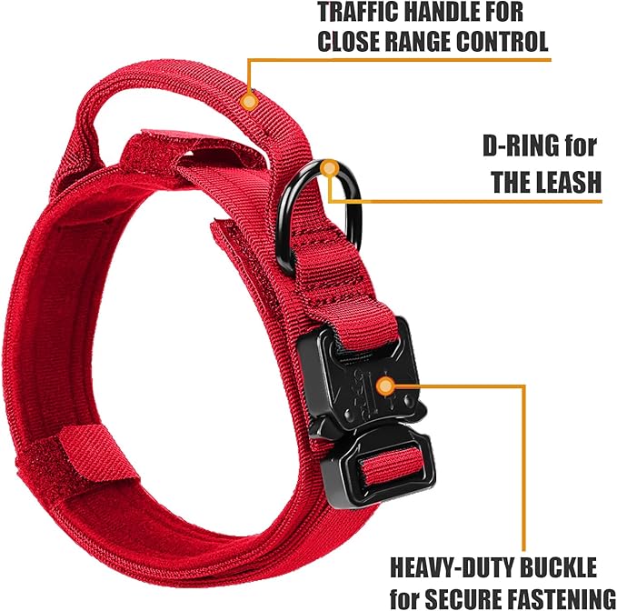 Celifelight Tactical Dog Collar and Bungee Leash, Military & Leash Set with USA American Flag Adjustable K9 Heavy Duty Metal Buckle Handle, Patches Airtags Case (L, Red(1PCS))