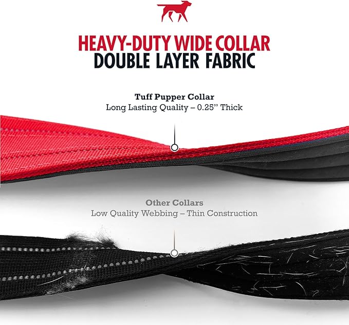 Tuff Pupper Heavy Duty Tactical Dog Collar | 1.25" Wide Ballistic Nylon | Reflective Stitching | Integrated ID Tag Holder | Stainless Steel Buckle | Padded Lining | Small & Medium Dogs (Red, Small)
