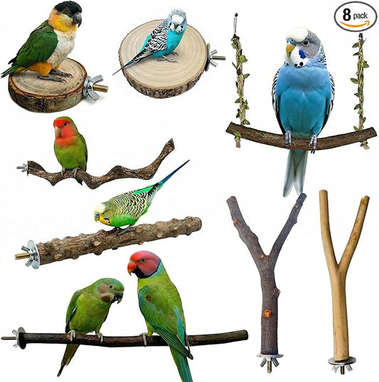 8PCS Natural Bird Perches for Cage, Parakeet Perches Set, Birds Toys, Natural Wood Perch for Small Birds Cages, Bird Cage Accessories, Parrot Stand for Cockatiels,Conure,Lovebird, Budgie Toys