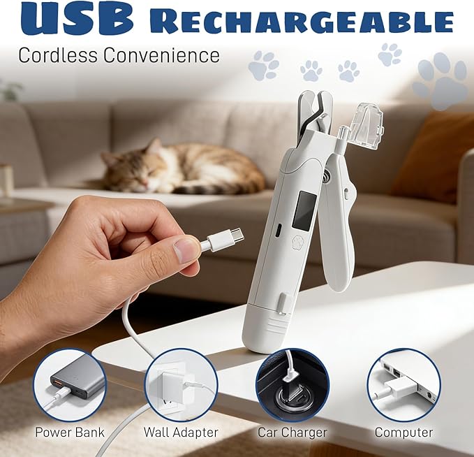 Dog Nail Clippers & Trimmer with Light, Cat Nail Clippers - 2-in-1 Electric Rechargeable Pet Nail Grinder with LED Light & Safety Guard, Cordless for Small Medium Dogs Cats