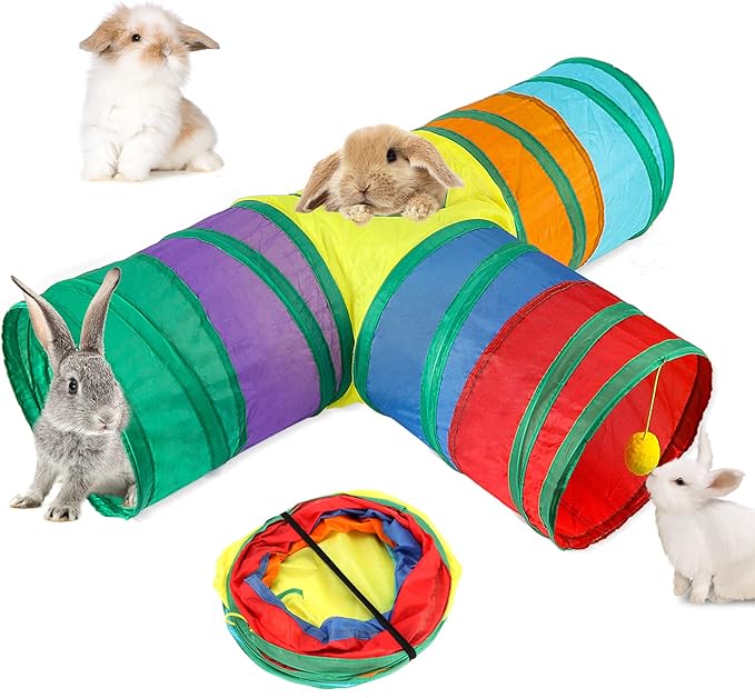 BWOGUE Bunny Tunnels & Tubes Collapsible 3 Way Bunnys Hideout Small Animal Activity Tunnel Toys for Dwarf Rabbits Guinea Pigs Kitty