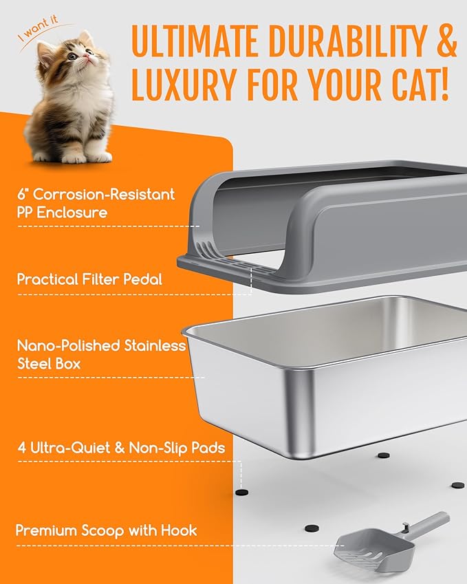 Powools Stainless Steel Cat Litter Box, Metal Litter Box with Scoop, High- Sided, Anti-Leakage Top Entry, Non-Sticky, Easy to Clean, 8-Inch Splash-Proof Deep Pan, Grey, XXL (1 Pack)