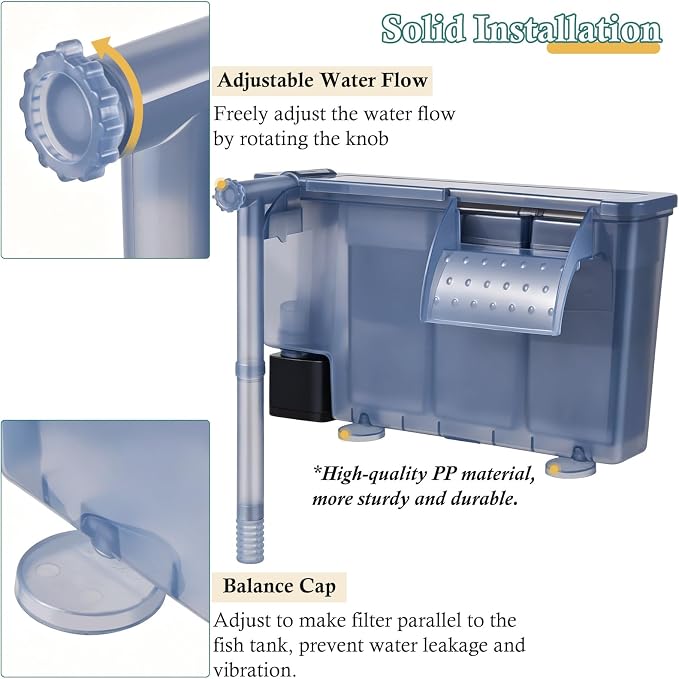 7W Hang-on Aquarium Filter, 177GPH Quiet Fish Tank Filter with Filter Sponge and Activated Carbon, Adjustable Waterfall Filter for 15-40 Gallon Fish Tank