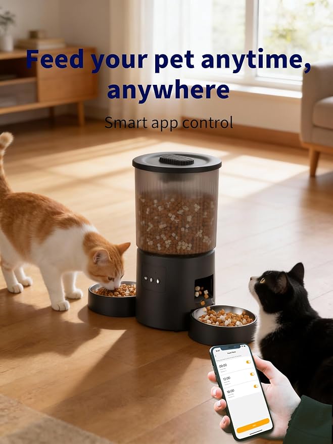 Automatic Cat Feeder, 2.4GHz WiFi Automatic Dog Food Dispenser, Fresh Protection, 4.5L Timer Feeder, Personalized Recording 10 Seconds, Easy to Clean, Stainless Steel Bowl (Double/Black)