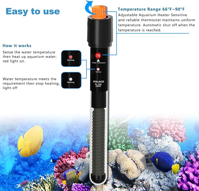 200Watt Aquarium Heater for 25-50 Gallon Fish Tank, Adjustable Submersible Heater Thermostat with Thermometer Strip and Suction Cup
