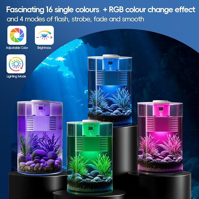 3 Gallon Self Cleaning Fish Tank, Aquarium Starter Kit for Betta, Shrimp & Small Fish, Nano Aquarium with Filter and Light (17 Color Choices),360 View for Small Fish, for Home, Office Best Gifts