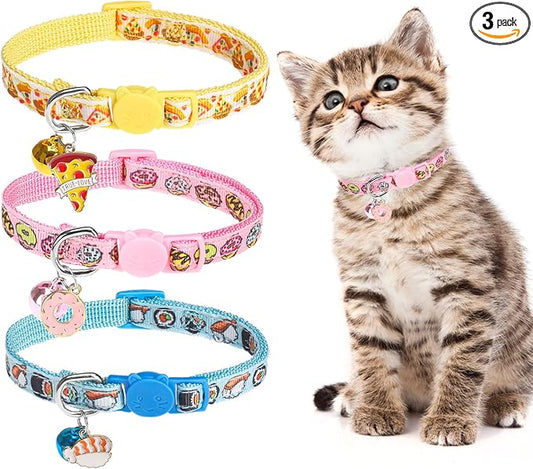 BINGPET Christmas Breakaway Cat Collar with Bell,3 Pack Cat Collars for Girl Cats, Cute Kitty Collars Accessories with Donut & Sushi & Pizzas(Yellow/Pink/Blue)