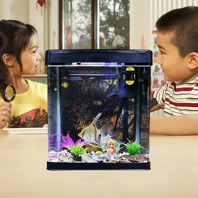 Glass Fish Tank 4.35 Gallon Aquarium Starter Kit Small Betta Fish Tank Desktop Mini Fish Bowl for Shrimp Small Fish with Pump LED Light Simulated Water Plants and Filtering Materials