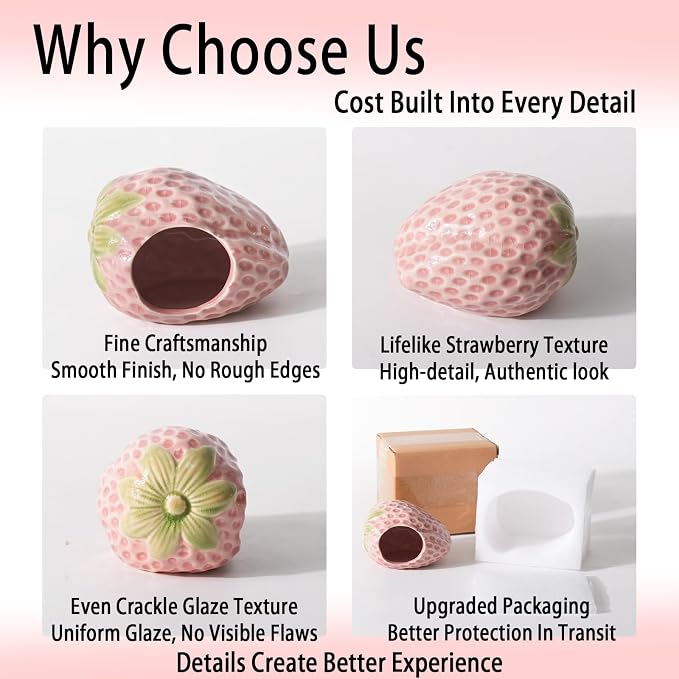 Pink Aquarium Decor Ceramic Cute Strawberry Betta Fish Tank Cave | Smooth-Surface Safe for Fish Hiding & Breeding, Easy-Clean, No Assembly, for Play & Rest,Fits 2.5-5 Gallon Fish Tanks