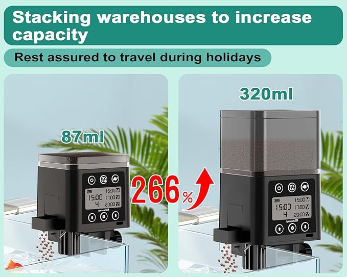 Automatic Fish Feeder for Aquarium, ZWJBSGY Three Precision Feed Funnels and A Fully Sealed, Moisture-Proof Design 320ml Large-Capacity Vacation Fish Feeder with Timer (Black)