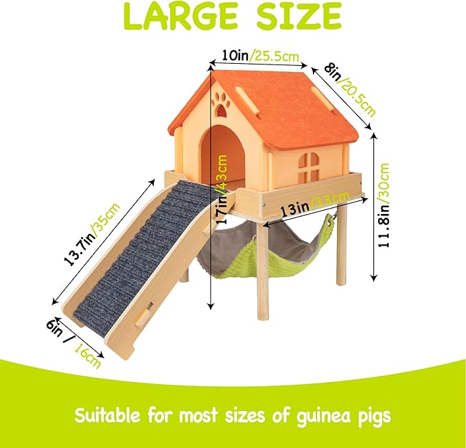 BESNEW 3 in 1 Enlarged Guinea Pig Hammock,Wooden Guinea Pig Hideout with House & Platform & Stairs Small Animal Toys for Hiding Sleeping Activities