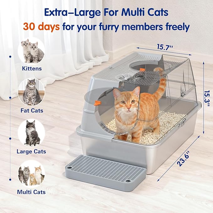 Stainless Steel Litter Box with Lid, XL Extra Large Cat Litter Box Enclosure, Front & Top Entry Covered Metal Cat Box with Steps & Scoop, Easy Cleaning