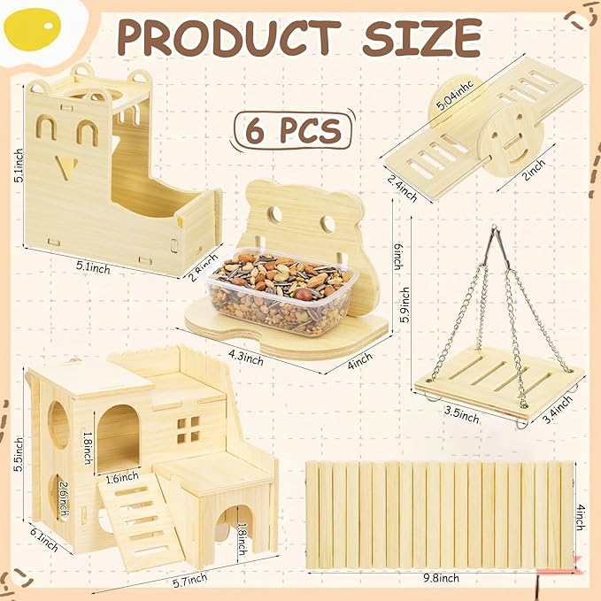 BreezeHug 6 Pcs Hamster Wooden Hideouts Hamster Houses Feeder and Waterer Chinchillas Chew Cage Accessories Activity Enrichment for Rats Gerbils Small Animals Habitat
