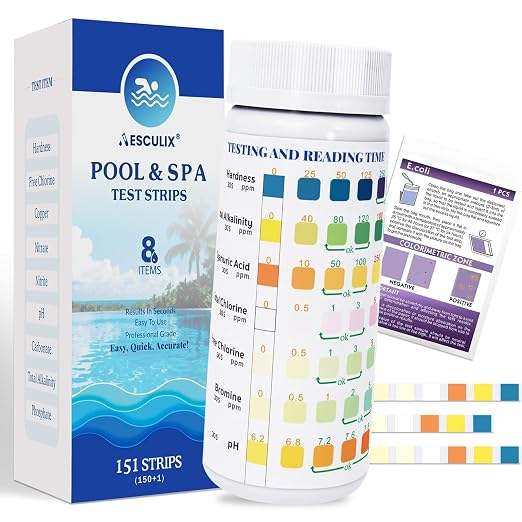 8-in-1 Pool Test Strips, 151 Strips Spa and Hot Tub Water Testing Kit, Pool Water Test Kit for Free Chlorine, Total Chlorine, Bromine, pH, Alkalinity, Hardness, Cyanuric Acid