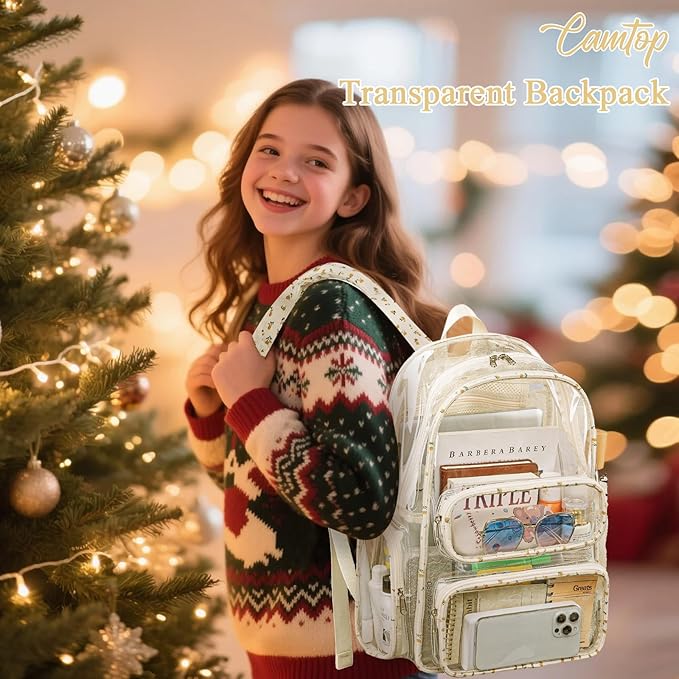 CAMTOP Clear Backpack Heavy Duty Transparent Bag See Through BookBag for Student School Work Festival Sport Travel (Beige Flower)