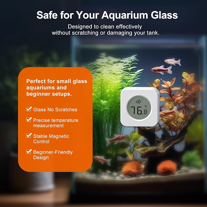 Nano Aquarium Magnetic Algae Scraper, Built-in High Accuracy Digital Aquarium Thermometer, 2 in 1 Fish Tank Glass Cleaner Tool for 1-30 Gallons Glass Tank
