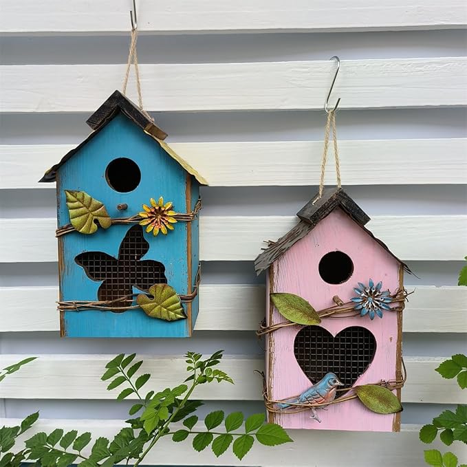Wood Bird House for Outside, 10" H Hanging Bird House with Waterproof Metal Roof, Vintage Rustic Decorative Birdhouse Wooden Bird Nest Box for Outdoor Garden Yard Decorations (Blue)