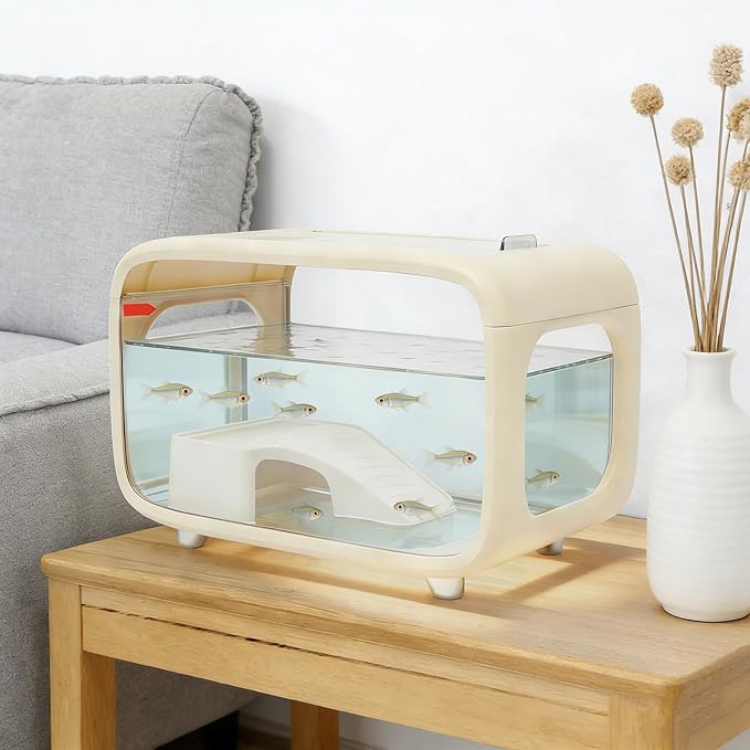 3.17-Gallon Cube Fish Tank, Modern Desktop Brown Fish Bowl with Feeding Hole, Compact Aquarium for Betta, Shrimp, Guppy, Goldfish, Home Office Desk Decor (White)