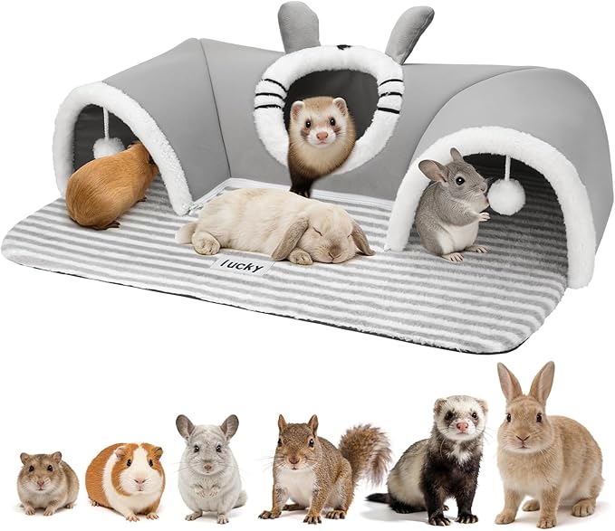 YUEPET 3-Way Bunny Tunnel Bed, Removable & Washable Rabbit Tunnels,Bunny Play Tunnel with Cozy Bed for Indoor Medium Small Rabbits Adult Guinea Pigs Hamsters, Cage Accessories for Small Pets (Grey)
