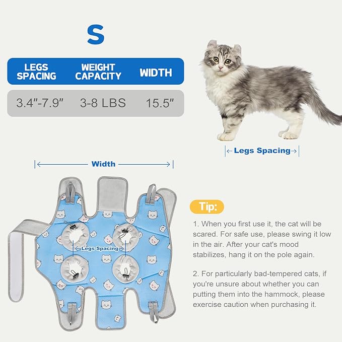 Supet Cat Grooming Hammock Harness for Nail Trimming, Cat Grooming Hanging Sling for Nail Clipping, Pet Restraint Holder for Cutting Nails, Medicine, Ear & Teeth Cleaning, Eye Care (BlueCat S)