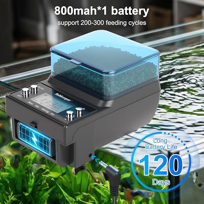 fishkeeper Automatic Fish Feeder Rechargeable, 3 Feeding Modes USB Aquarium Auto Dispenser for Pellets Flakes Powder, with Lithium Battery LCD Screen for Vacation Betta Turtle - Memory Function