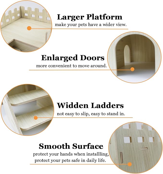 Amonk Hamster Hideout 10x8x7 inch Large Size Wooden House Wood Hut Habitats Decor with Climbing Ladder for Bunny, Chinchillas, Dwarf Rabbits, and Other Small Pet Animals