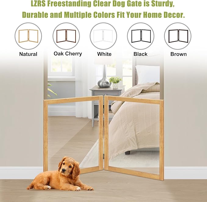 LZRS Clear Dog Gate for Indoor Use - Transparent Pet Fence with Solid Hardwood and Plastic Board, Stylish & Durable freestanding Pet Gate for Doorways, Stairs and Hallways-2 Panel Natural