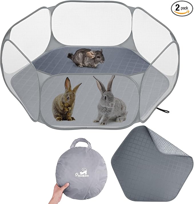 Pawaboo Small Animals Playpen with Pad, Waterproof Small Pet Cage Tent with Reusable Pad, Portable Outdoor Yard Fence for Chick/Kitten/Puppy/Guinea Pig/Rabbits/Chinchillas, Gray+Gray