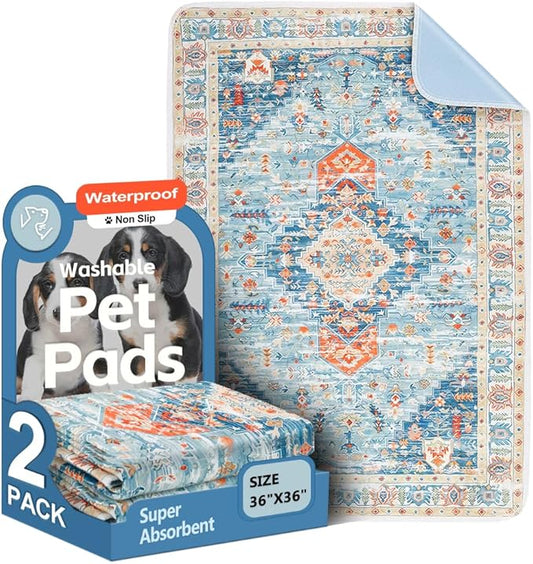 Washable Pee Pads for Dogs, 2 Pack Reusable Puppy Training Pads 36"x36" Super Absorbent Waterproof Dog Training Pads, Non-Slip Potty Pads, Whelping Pads Litter Mat Blue/Mix