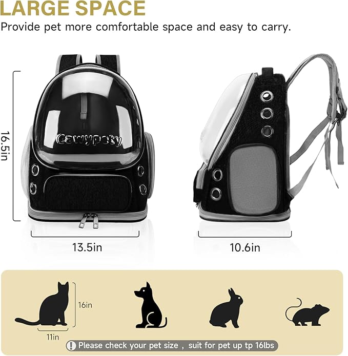Cawypety Cat Backpack Carrier, Breathable Cat Carrier Large Space Bubble Pet Backpack for Kitty Small Dog up to 12lbs, Transparent & Foldable Pet Carrier for Travel Hiking (Black