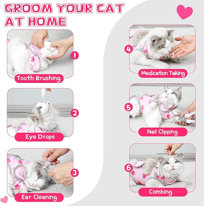 Cat Grooming Hammock, Self-Adherent Wrap for Cutting Nails, Anti-Escape Calming Grooming Bag for Medicine, Nail Clipping, Teeth Brushing, Ear Cleaning (Love, L（WT: 9-18 lbs）)