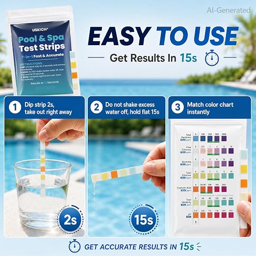7 in 1 Pool Test Strips, 150-Count Hot Tub & Spa Test Strips, Pool Water Testing Kit Accurately Tests Bromine, Total Alkalinity, pH, Free Chlorine, Total Hardness, Cyanuric Acid and Total Chlorine
